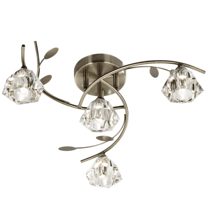 Antique Brass Leaf and Glass 4 Light Semi-Flush Fitting