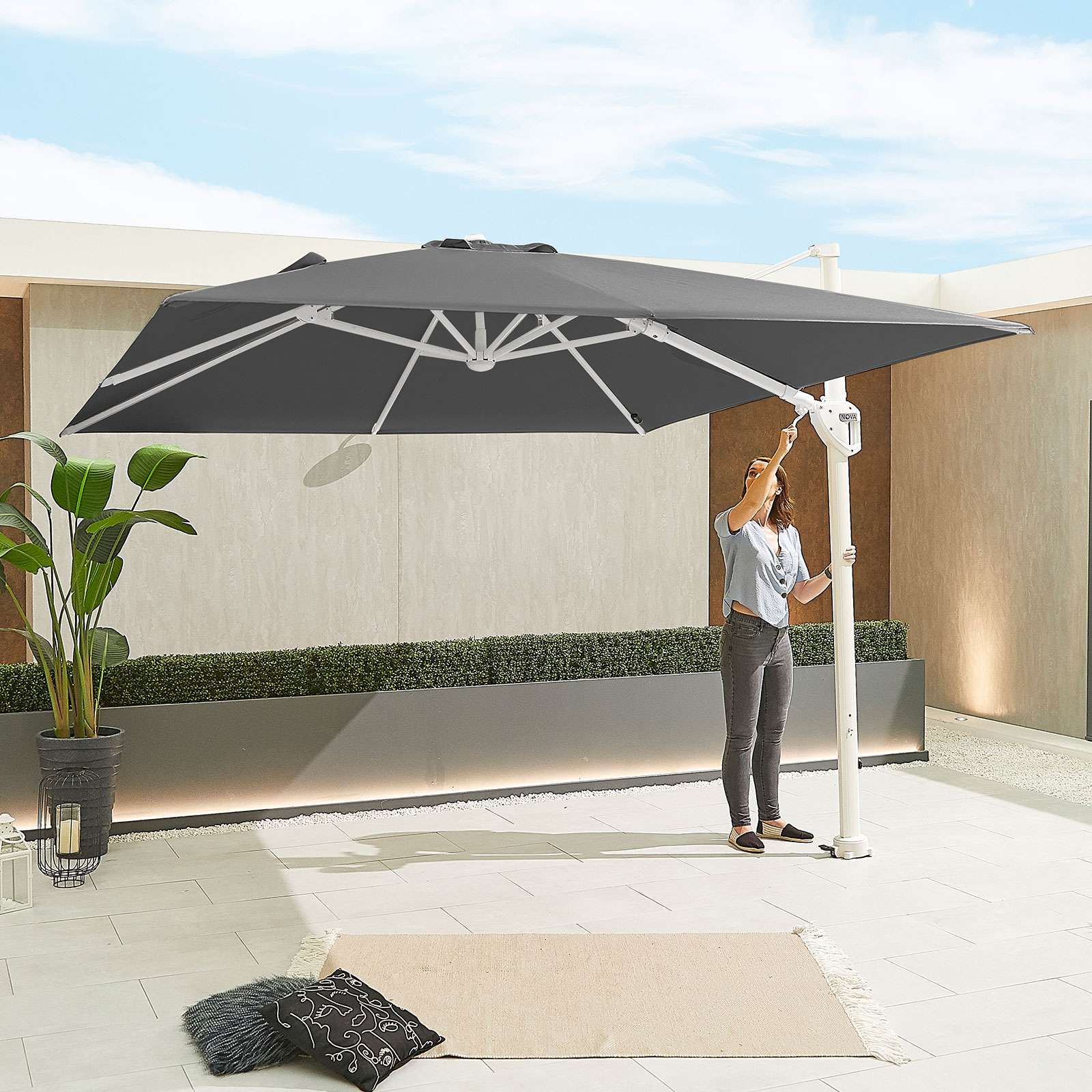 Nova <br> White Frame Galaxy LED Cantilever Parasol 3m Square Grey - Image 5
