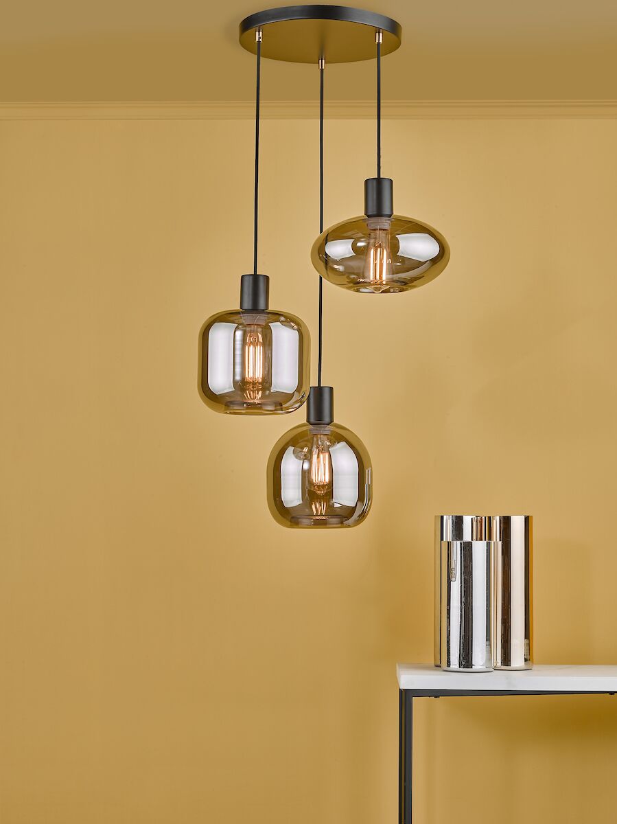 Aiden 3 Light Cluster Pendant Satin Black & Smoked<br>Smoked Glass - Image 5