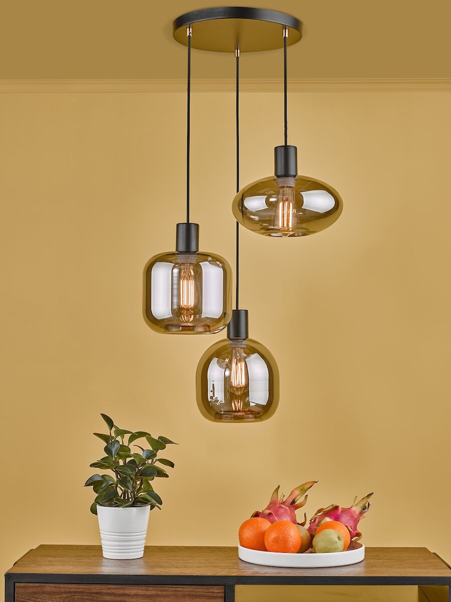 Aiden 3 Light Cluster Pendant Satin Black & Smoked<br>Smoked Glass - Image 6