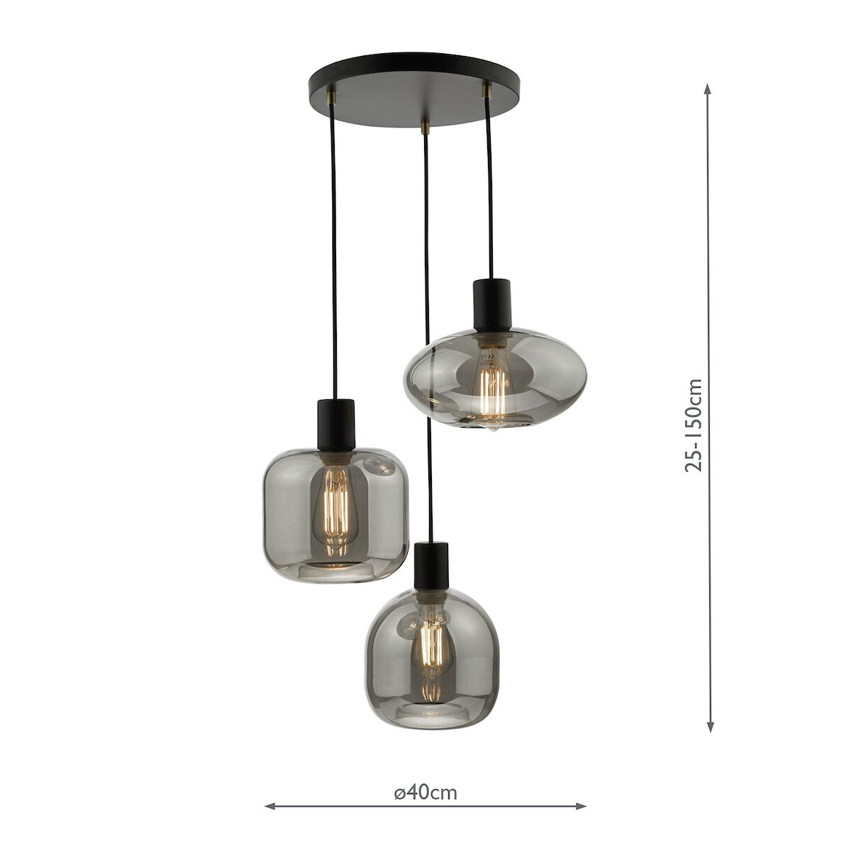 Aiden 3 Light Cluster Pendant Satin Black & Smoked<br>Smoked Glass - Image 7