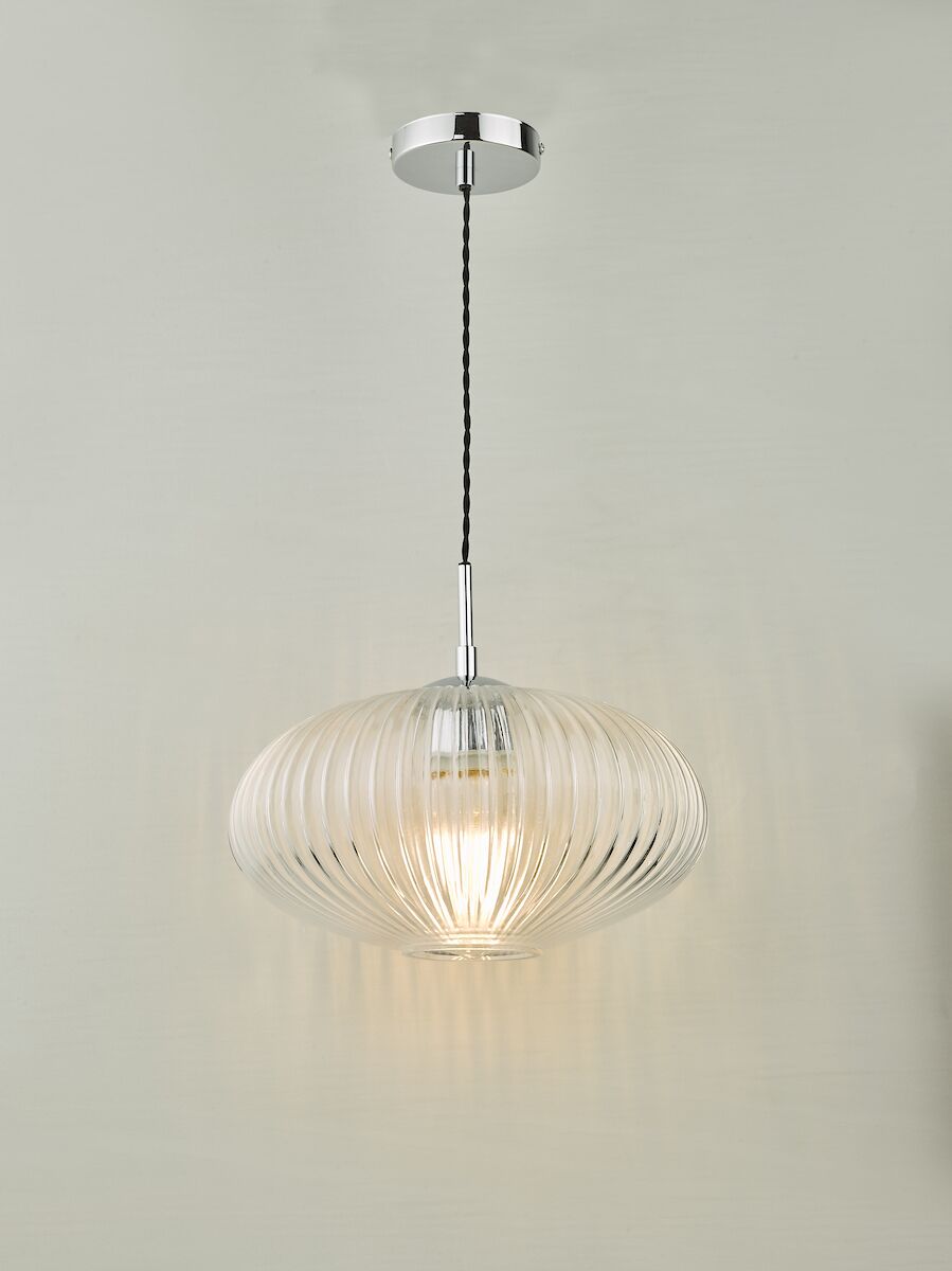Edmond 1 Light Single Pendant Polished Chrome Ribbed Glass<br>Ribbed Glass - Image 6
