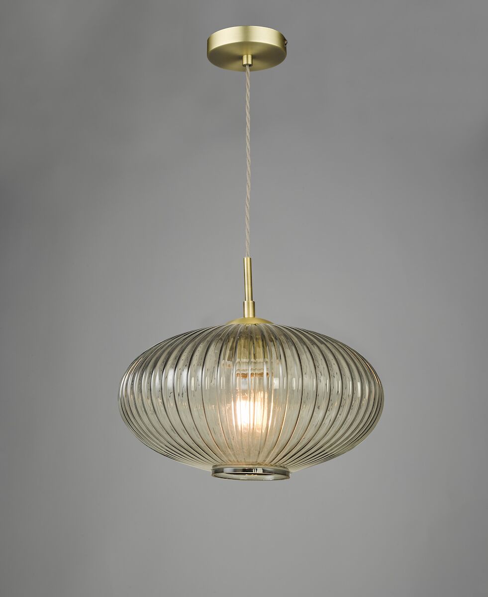 Edmond 1 Light Pendant Smoked Glass Antique Brass Detail<br>Smoked Ribbed Glass - Image 6