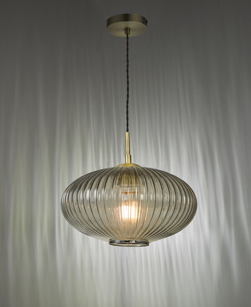Edmond 1 Light Pendant Smoked Glass Antique Brass Detail<br>Smoked Ribbed Glass - Image 7