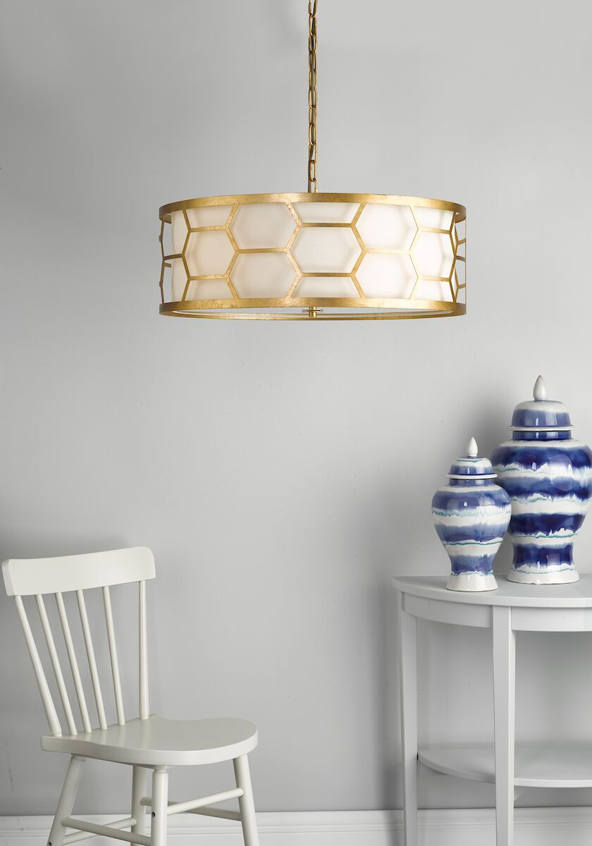 Epstein 4 Light Pendant Gold With Ivory Shade & Glass Diffuser<br>Distressed Gold Leaf - Image 5