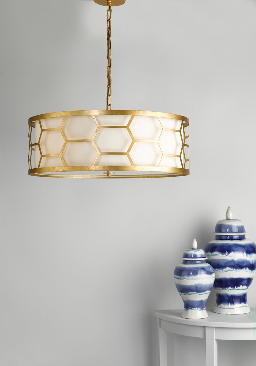 Epstein 4 Light Pendant Gold With Ivory Shade & Glass Diffuser<br>Distressed Gold Leaf - Image 6