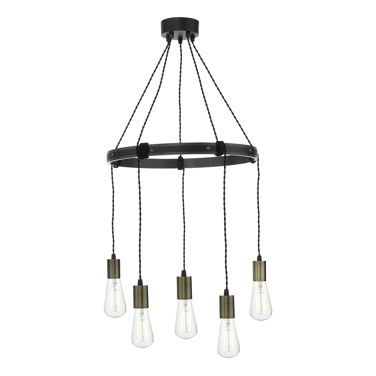 Ivan 5 Light Pendant Rustic Wood Aged Brass Detail<br>Matt Brown