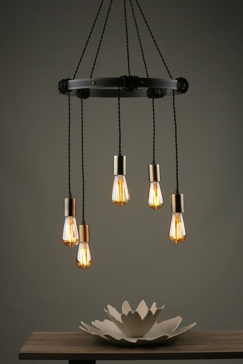 Ivan 5 Light Pendant Rustic Wood Aged Brass Detail<br>Matt Brown - Image 3