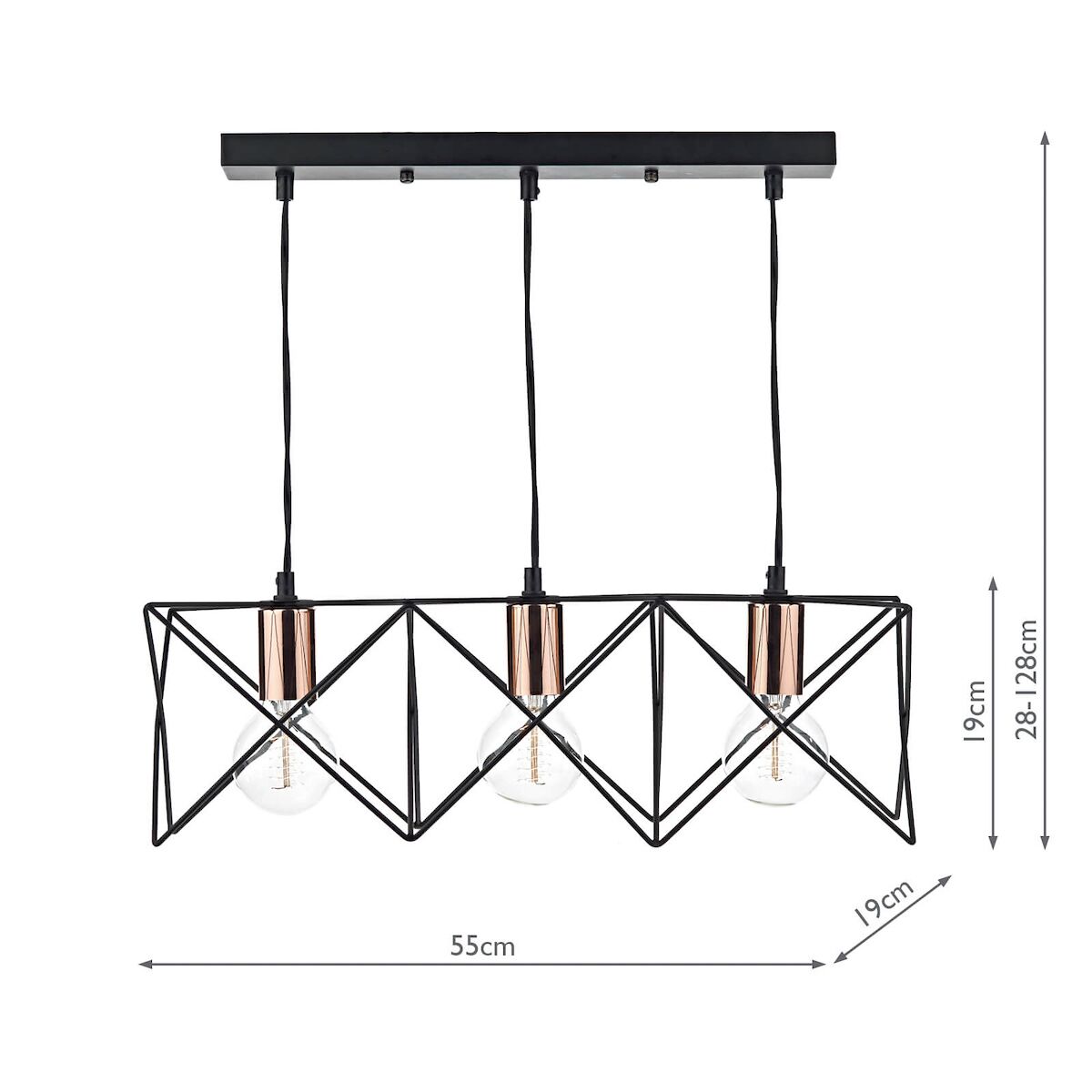 Midi 3 Light Bar Pendant Black & Bright Copper Detail<br>Matt Black - Image 5