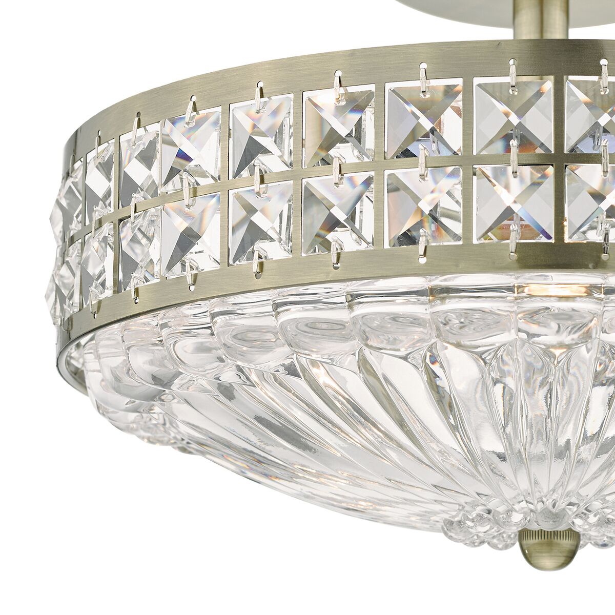 Olona 3L Light Semi Flush Antique Brass Crystal Beads and Glass Diffuser<br>Antique Brass - Image 2