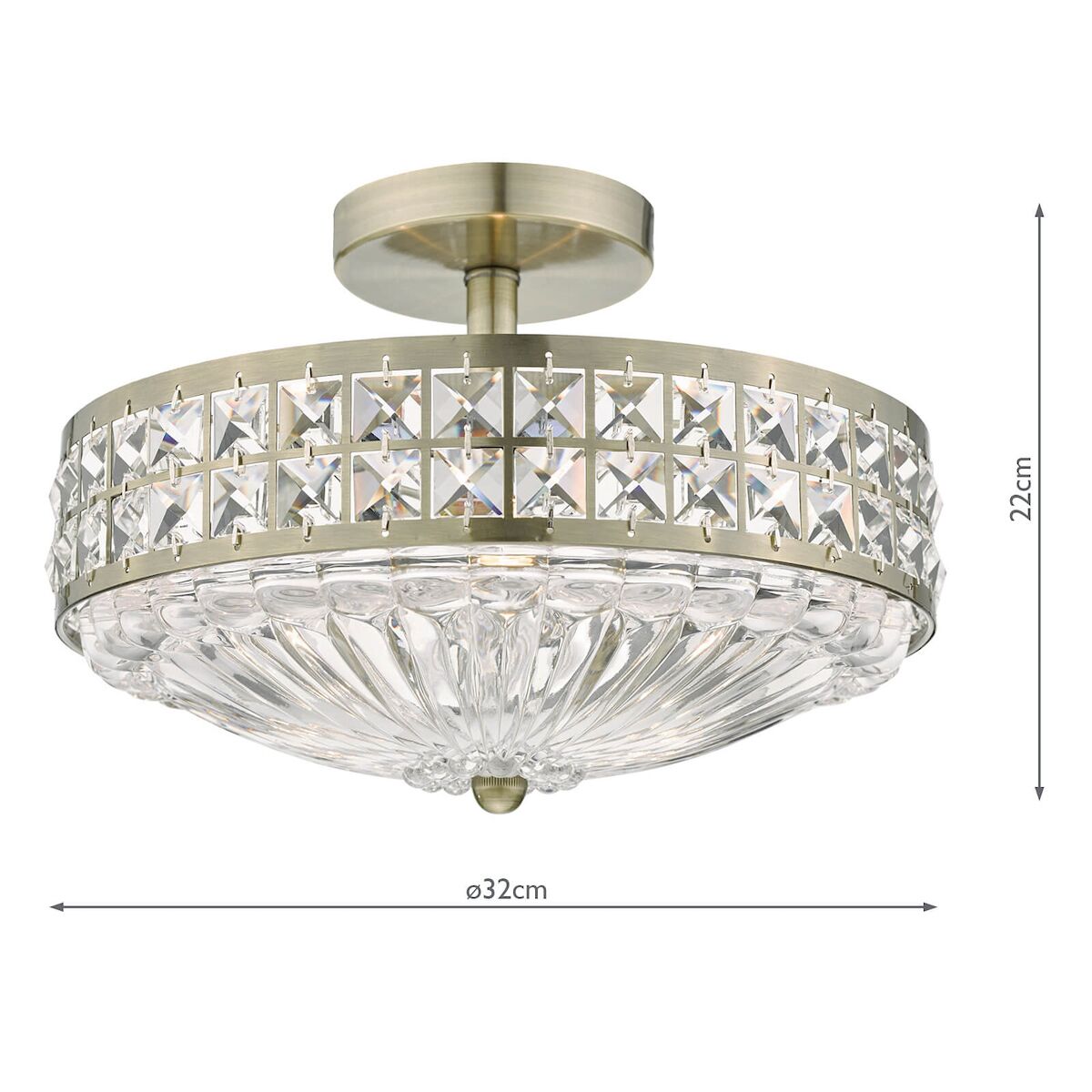 Olona 3L Light Semi Flush Antique Brass Crystal Beads and Glass Diffuser<br>Antique Brass - Image 4