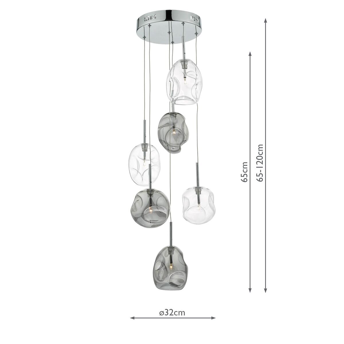 Quinn 6 Light Cluster Pendant Smoked & Clear GlassPolished Chrome - Image 6