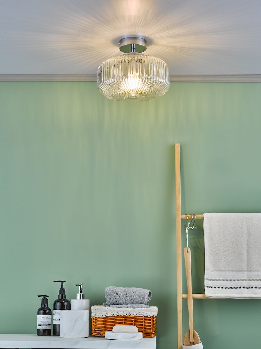 Riva Bathroom Semi Flush Ceiling Light Ribbed Glass Polished Chrome IP44<br>Ribbed Glass - Image 5
