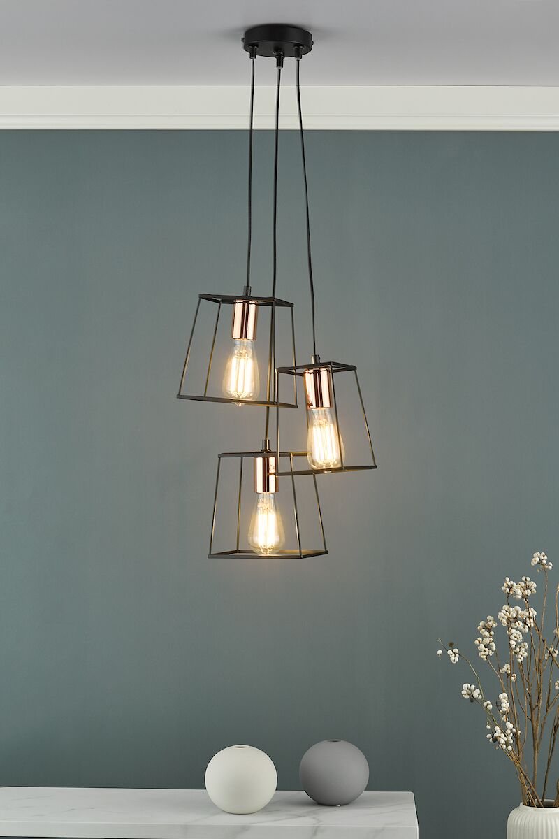 Tower 3 Light Cluster Pendant Black & Copper<br>Matt Black - Image 7