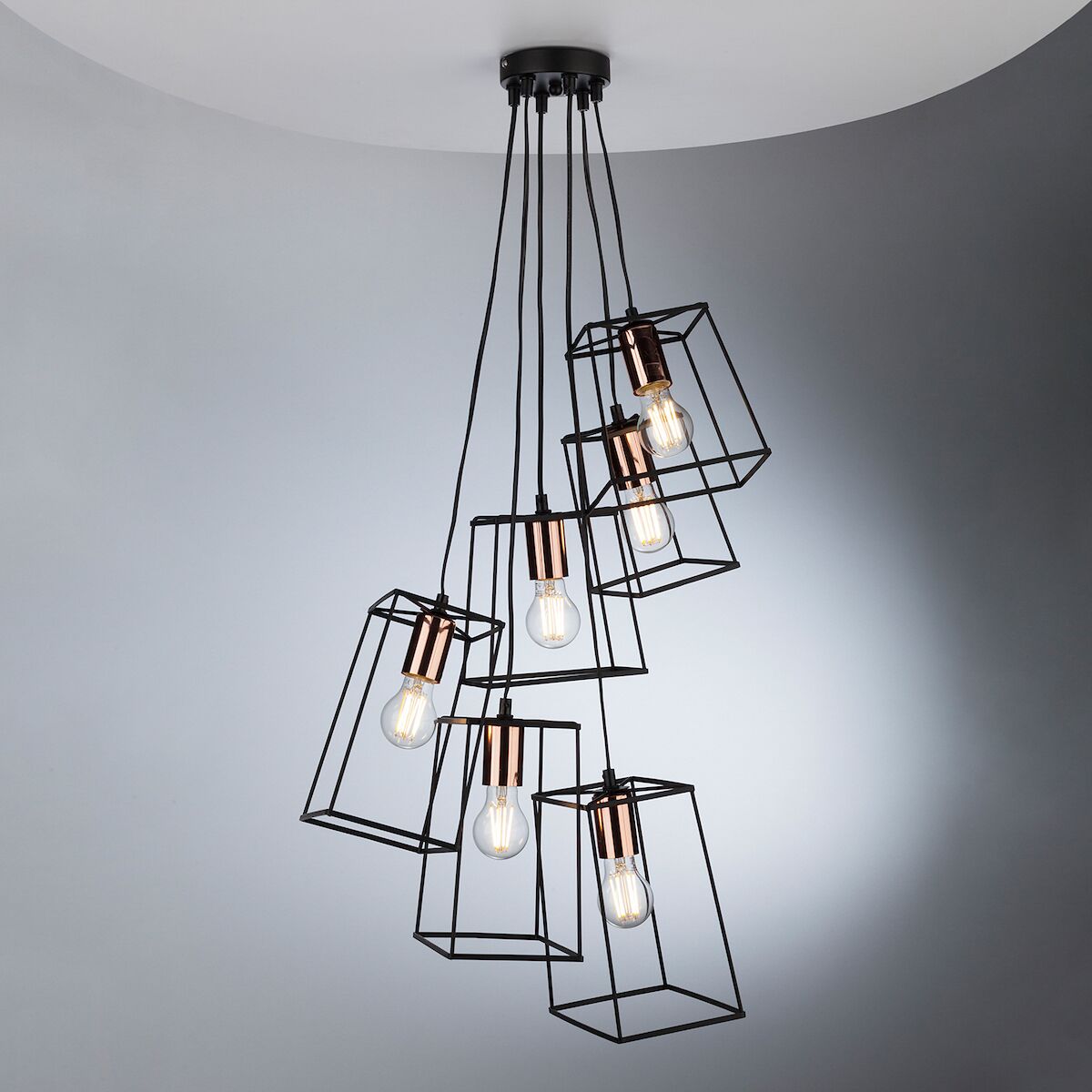 Tower 6 Light Cluster Pendant Matt Black & Copper<br>Matt Black - Image 4