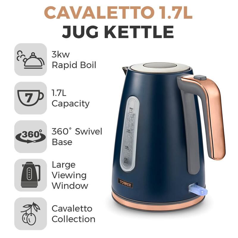 Tower T10066BLUĀ Cavaletto Jug Kettle, Midnight Blue and Rose GoldĀ - Image 2