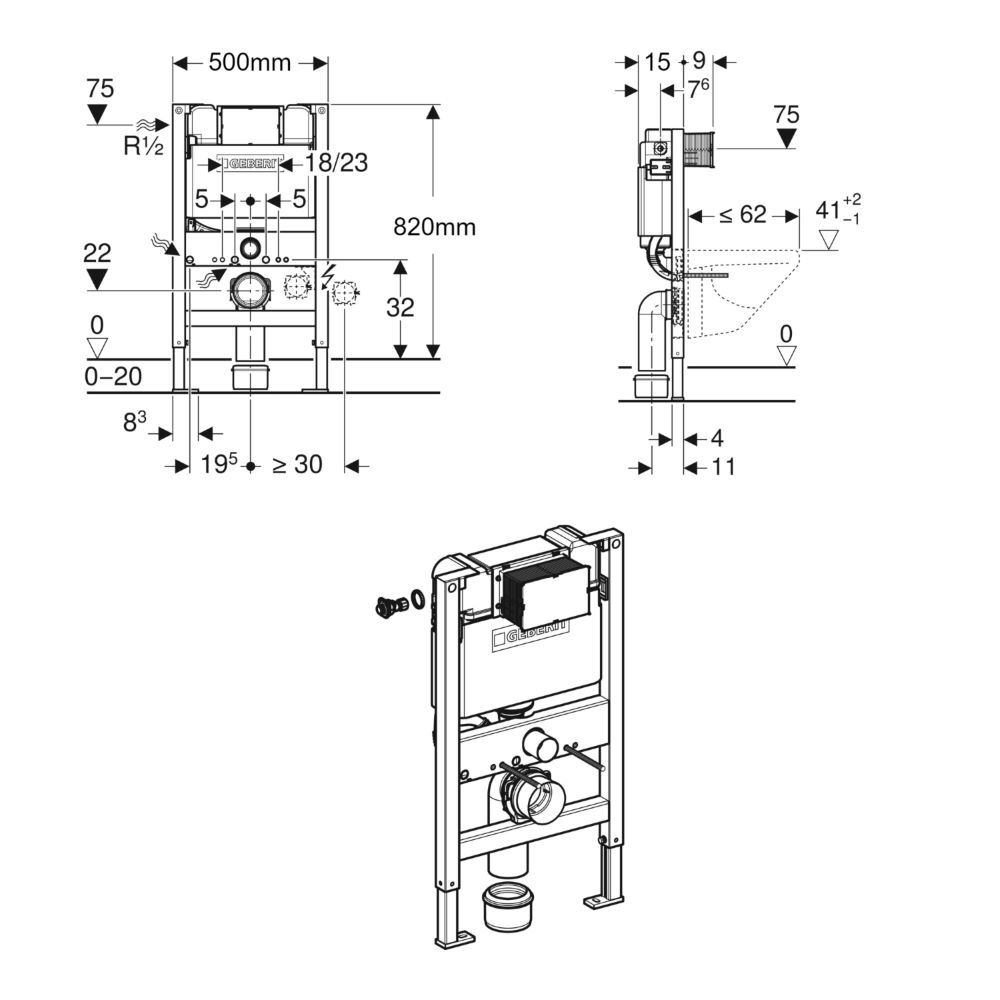 Geberit Duofix 82cm WC Frame With 15cm Kappa Cistern - Image 3