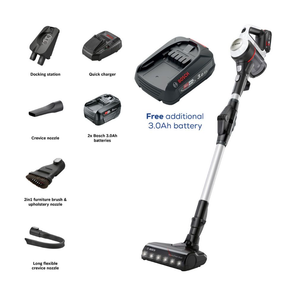 Bosch Unlimited 7 BCS712GBKIT Cordless Vacuum Cleaner PLUS Battery - 80 minutes Run Time - White & Black