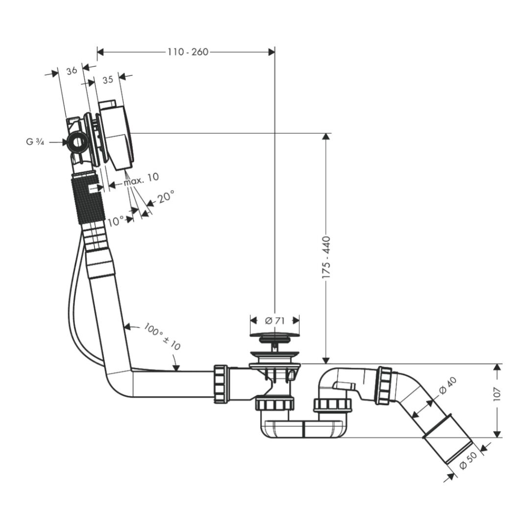 Hansgrohe Exafill S Complete set bath filler, waste and overflow set for standard bath tubs - Image 2