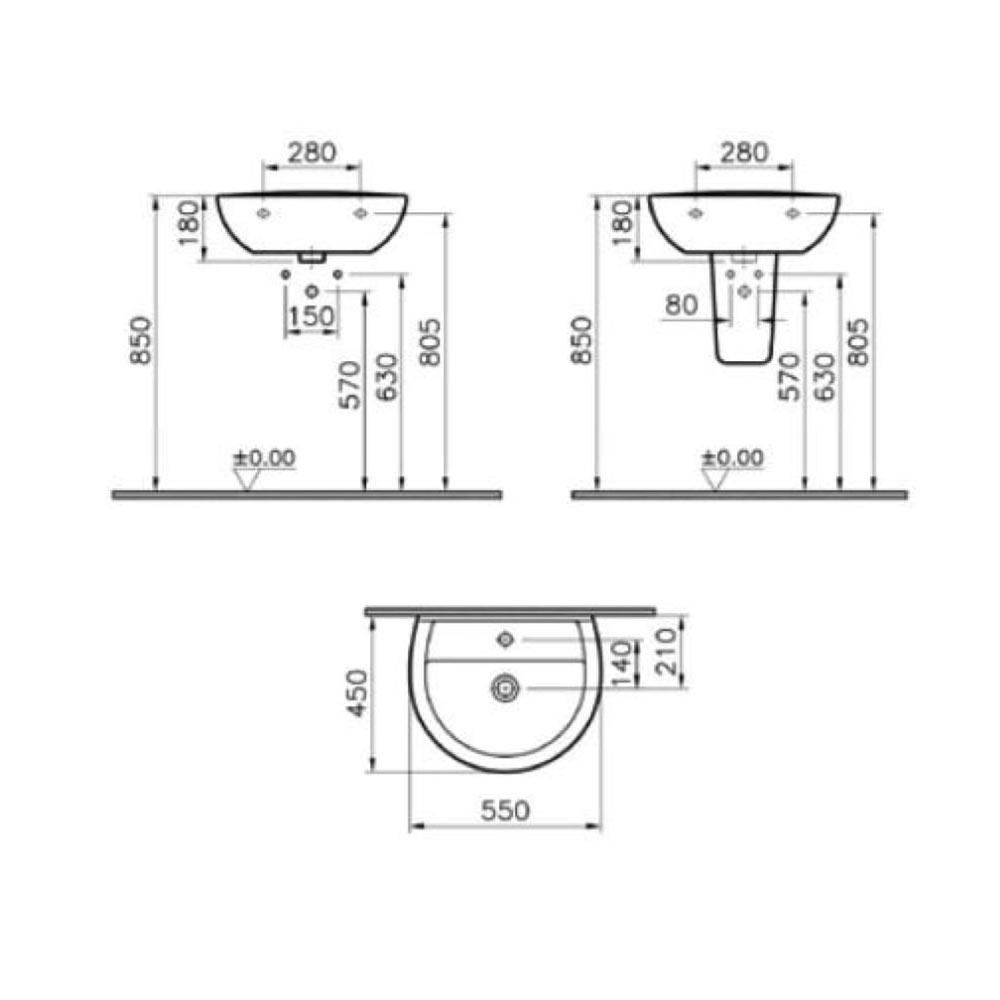 VitrA Layton 550x450mm 1 T/H Basin - Image 2