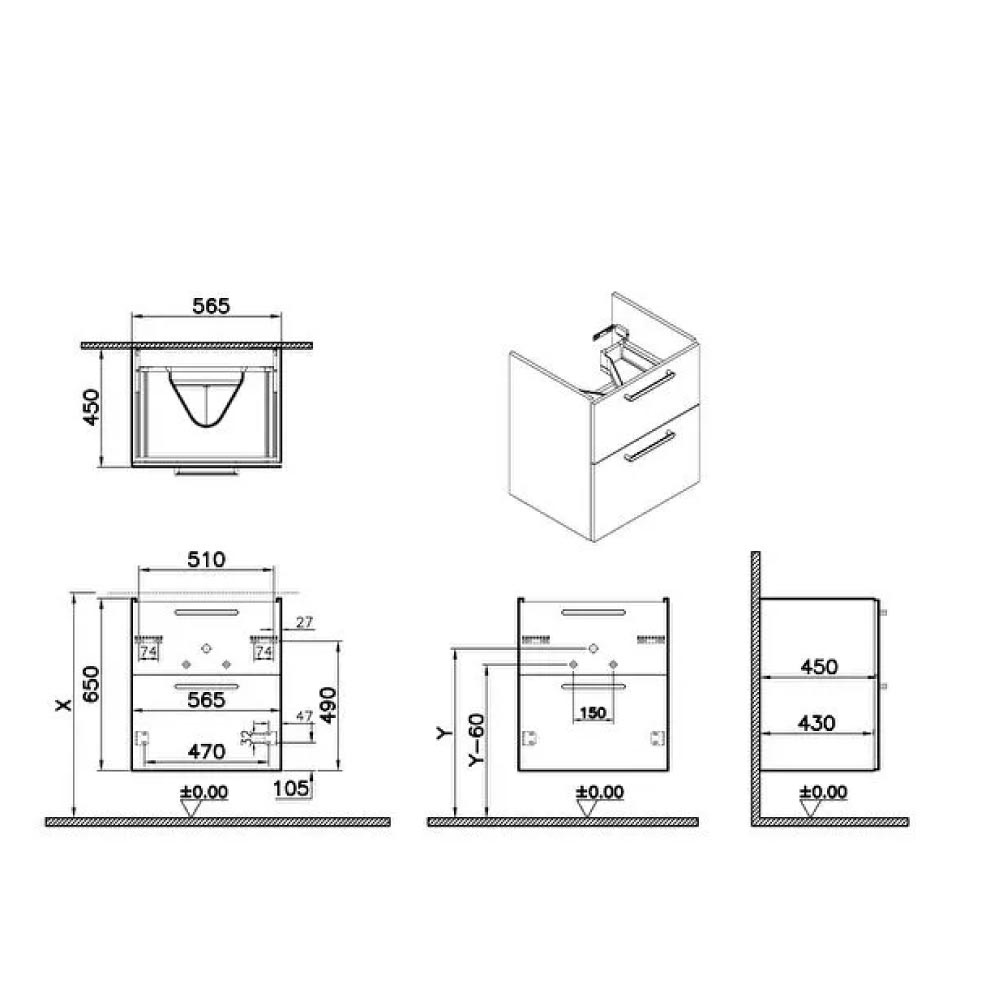 VitrA Integra Wall Mounted 2 Drawer Complete Basin Unit - Gloss Anthracite - Image 3
