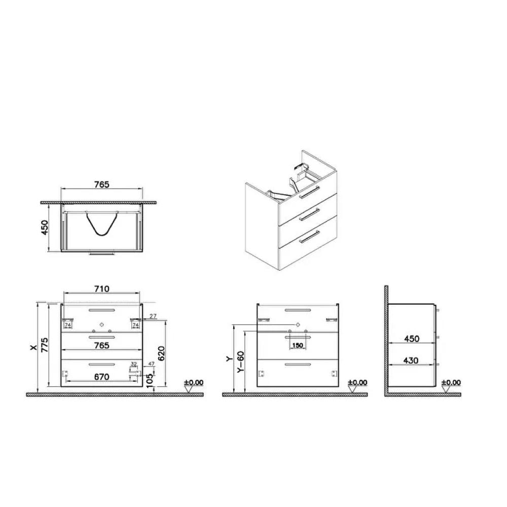 VitrA Integra Wall Mounted 3 Drawer Complete Basin Unit - Gloss White - Image 3