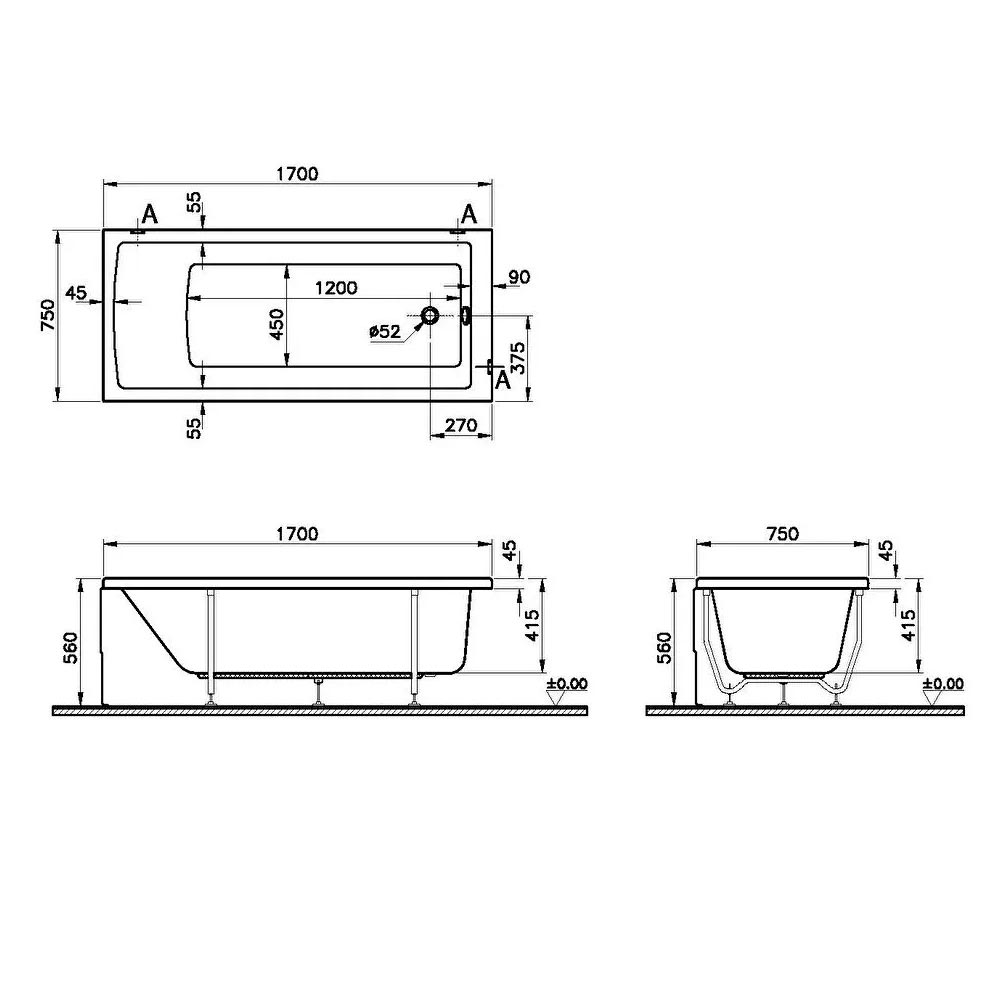VitrA Neon 1700mm Bath with Legs - Image 3