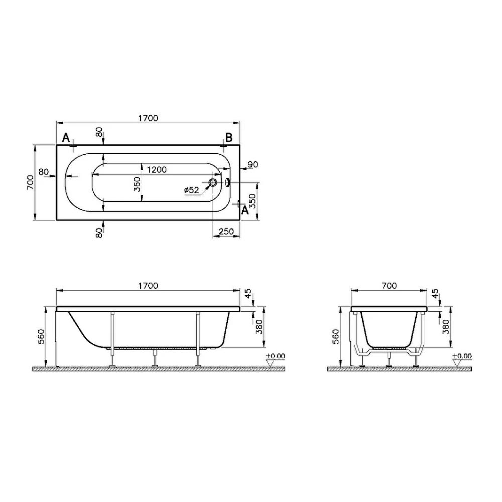 VitrA Optima 1700mm Bath with Legs - Image 3