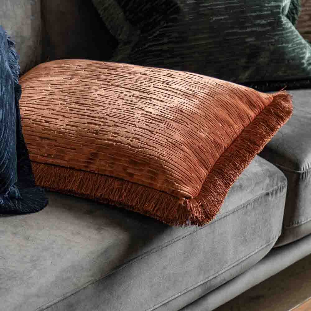 Cut Velvet Fringe Cushion Terracotta - Poly Filled - Image 2