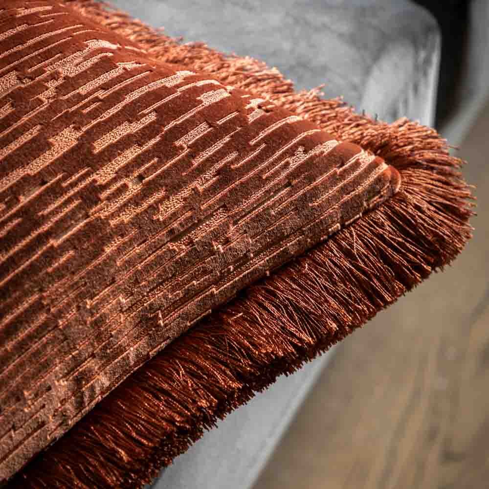 Cut Velvet Fringe Cushion Terracotta - Poly Filled - Image 3