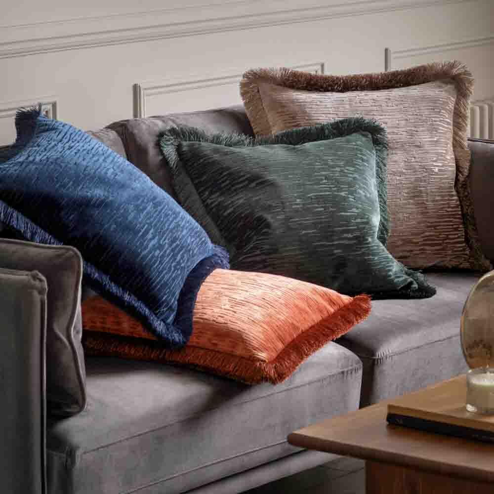 Cut Velvet Fringe Cushion Terracotta - Poly Filled - Image 4