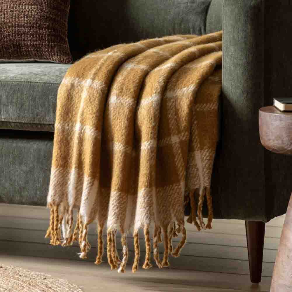 Poly Mohair Check Throw Mustard - Image 2