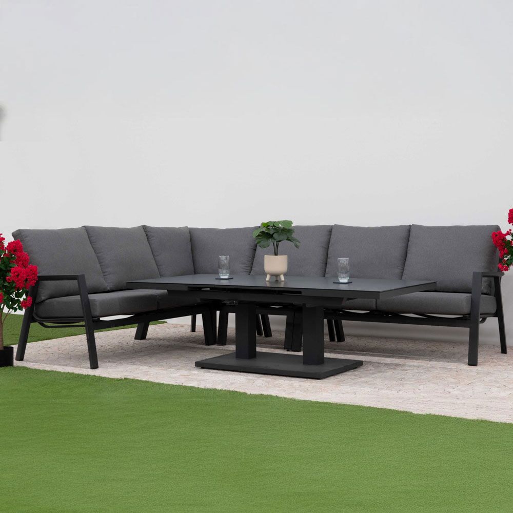 Nova <br> Zara L-Shaped Corner Sofa Lounge Dining Set with Rectangular Extending Rising Table - Grey