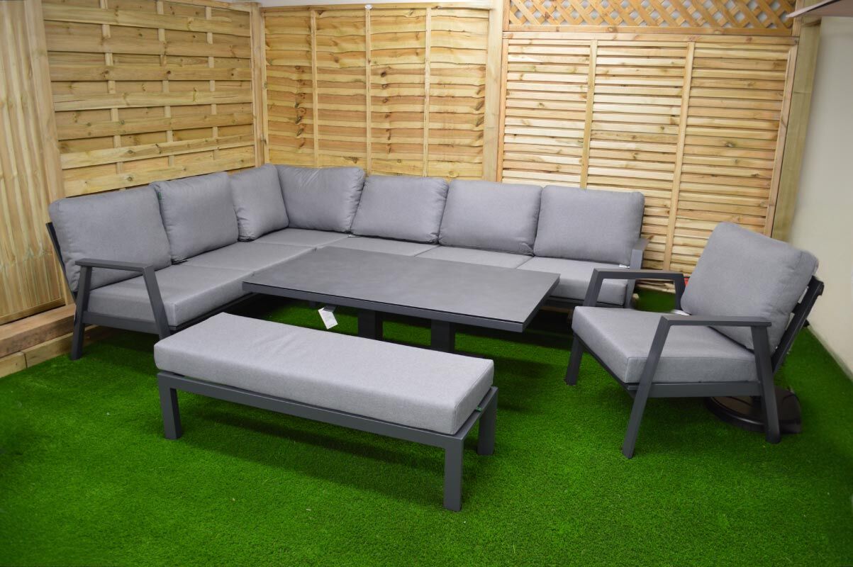Nova <br> Phoenix L-Shaped Corner Sofa Lounge Dining Set with Rectangular Rising Table & Armchair & Stool - Grey - Image 2