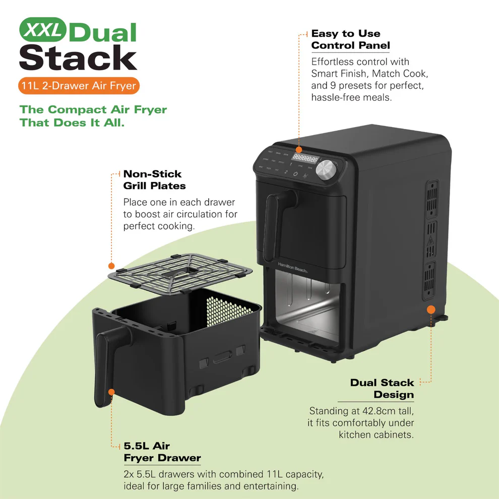 Hamilton Beach HBA11B XXL 11L Dual-Stack 2 Drawer Air Fryer - Image 4