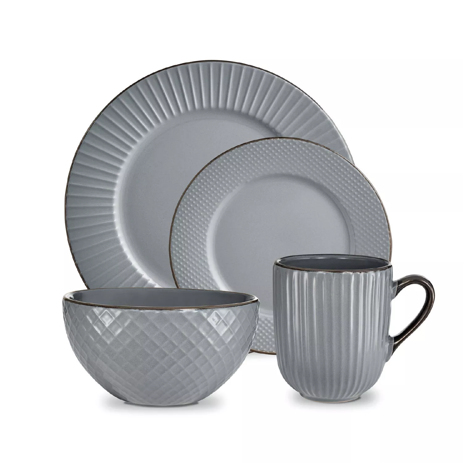 Tower T867002GRY 16 Piece Embossed Stoneware Dinner Set Grey