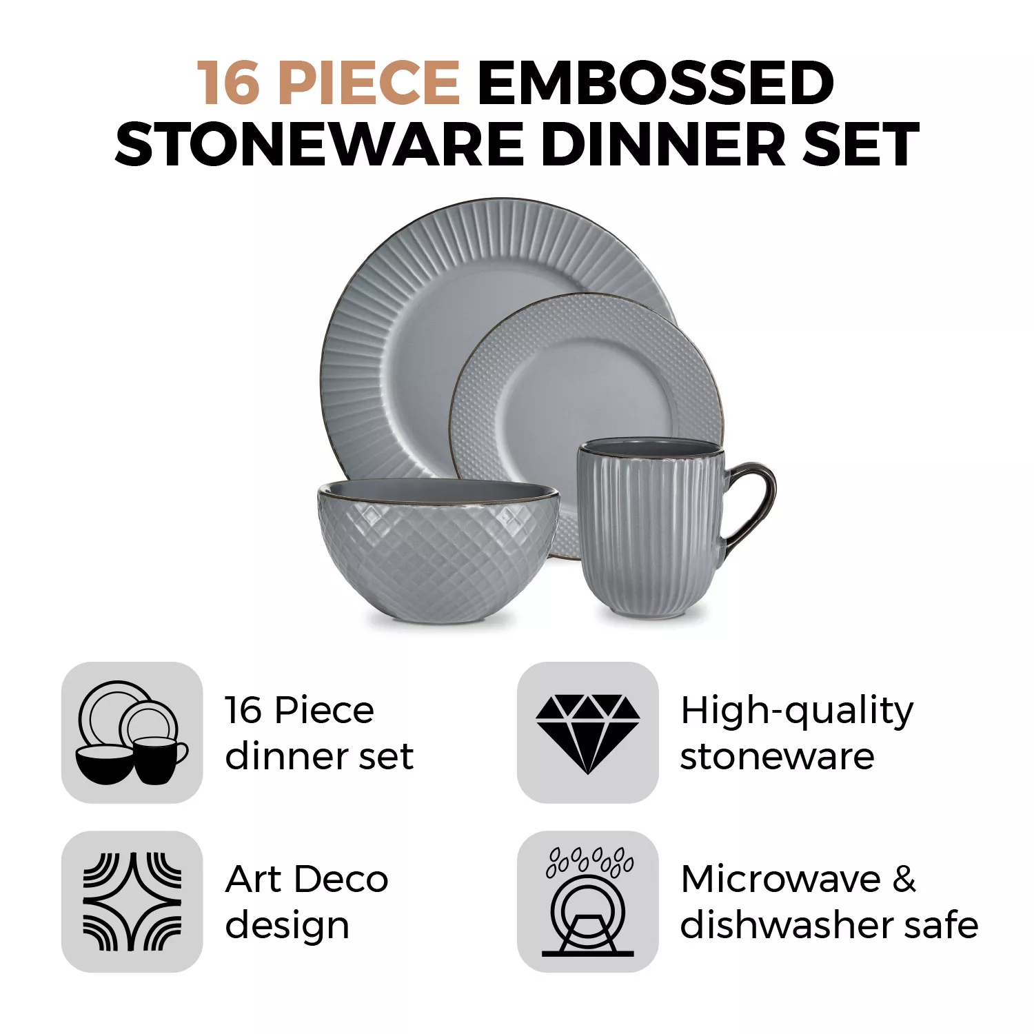 Tower T867002GRY 16 Piece Embossed Stoneware Dinner Set Grey - Image 2
