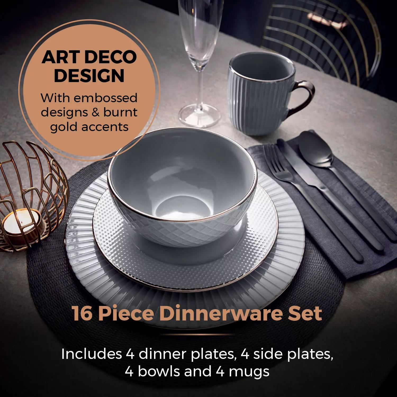 Tower T867002GRY 16 Piece Embossed Stoneware Dinner Set Grey - Image 3
