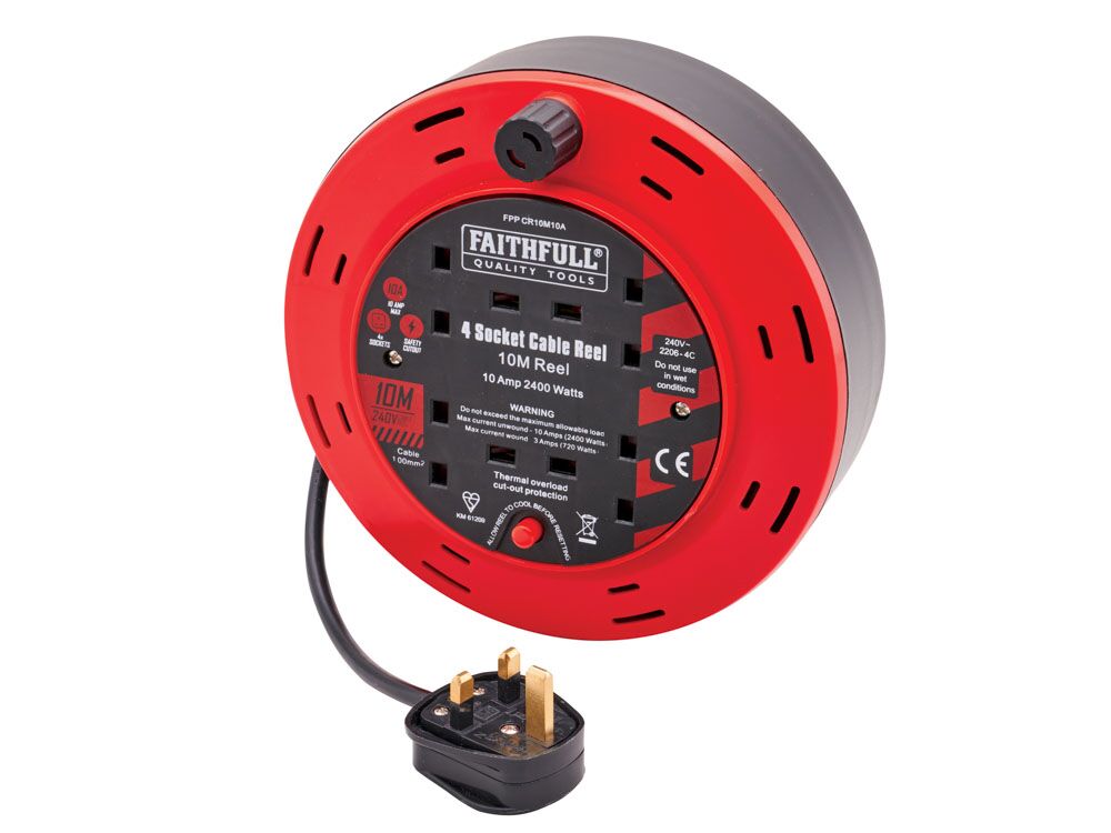 Faithfull 10m 10A Cable Reel (4 Sockets)