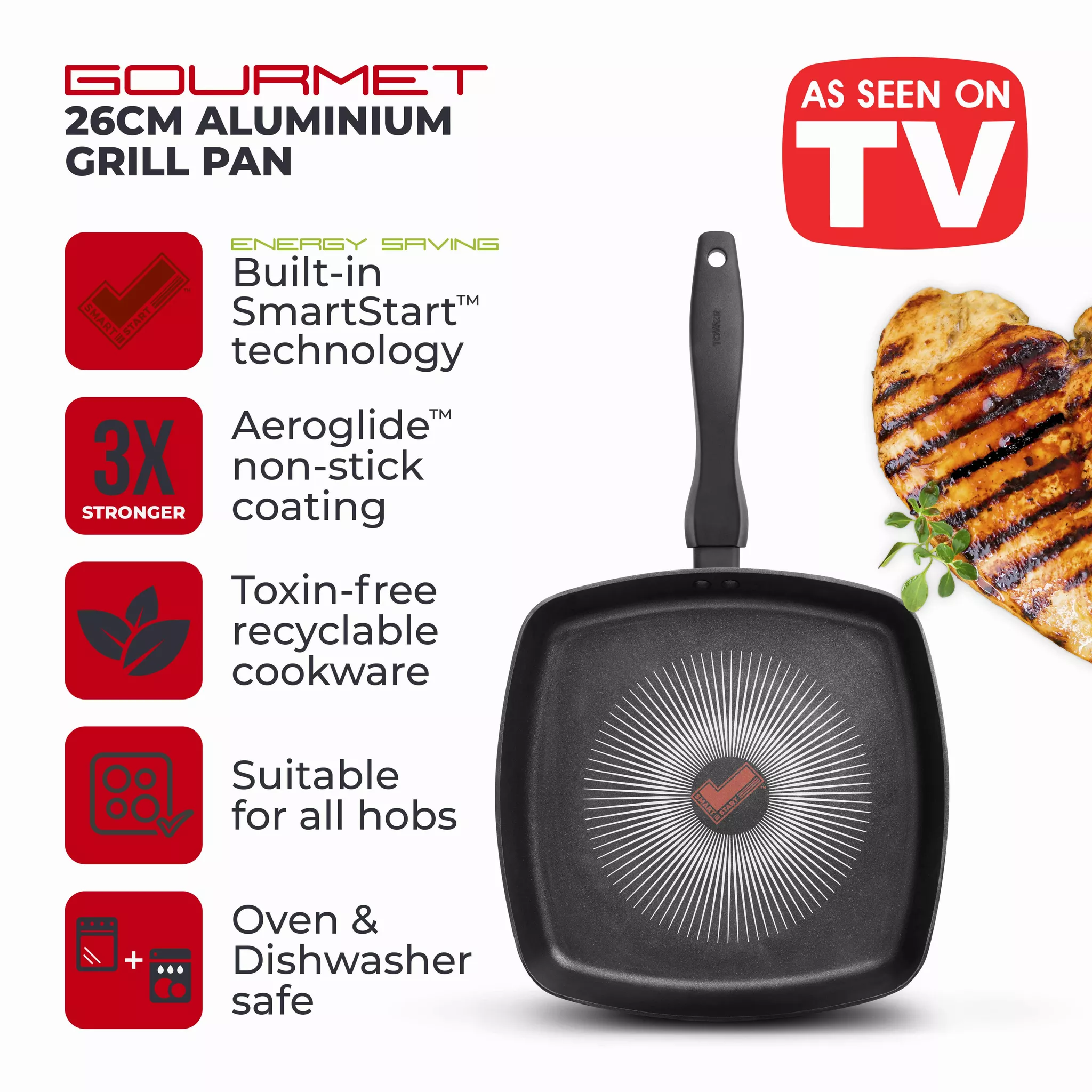 Tower T700317 SmartStart Gourmet 26cm Aluminium Grill Pan Induction Compatible - Oven Safe - Black - Image 2