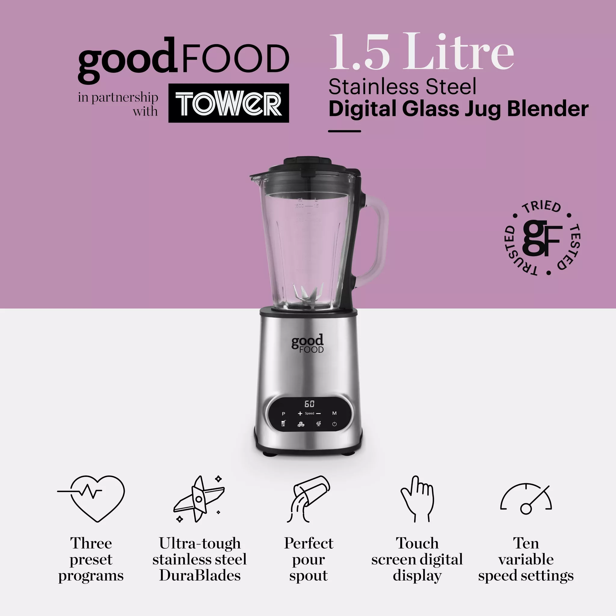 Good Food By Tower GF12013 Digital 1.5L Jug Blender with 5 Speed Settings - 1200W - Stainless Steel - Image 2