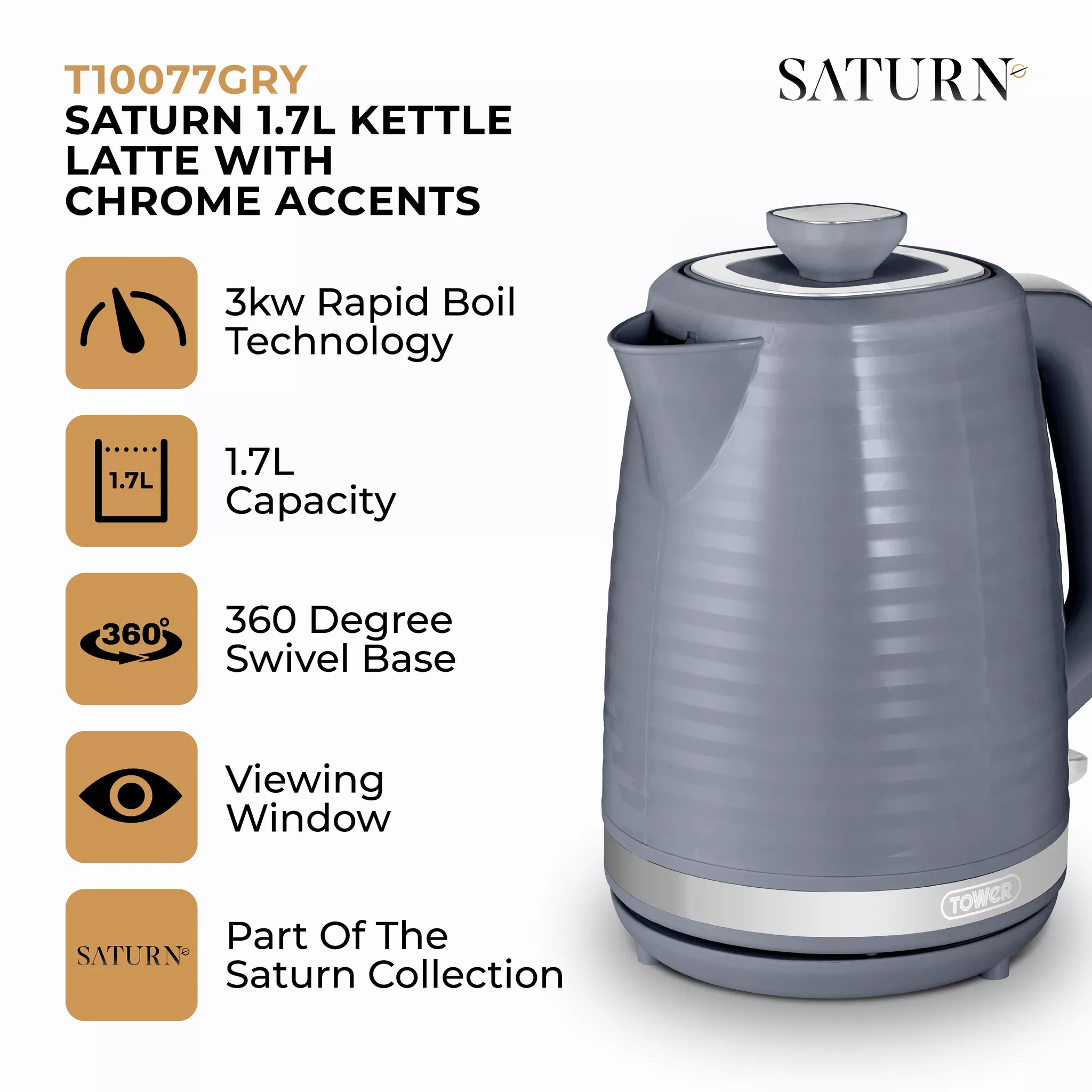 Tower T10077GRY Saturn Kettle with Quick Boil - 1.7L - 3000W - Grey and Chrome Accents - Image 2
