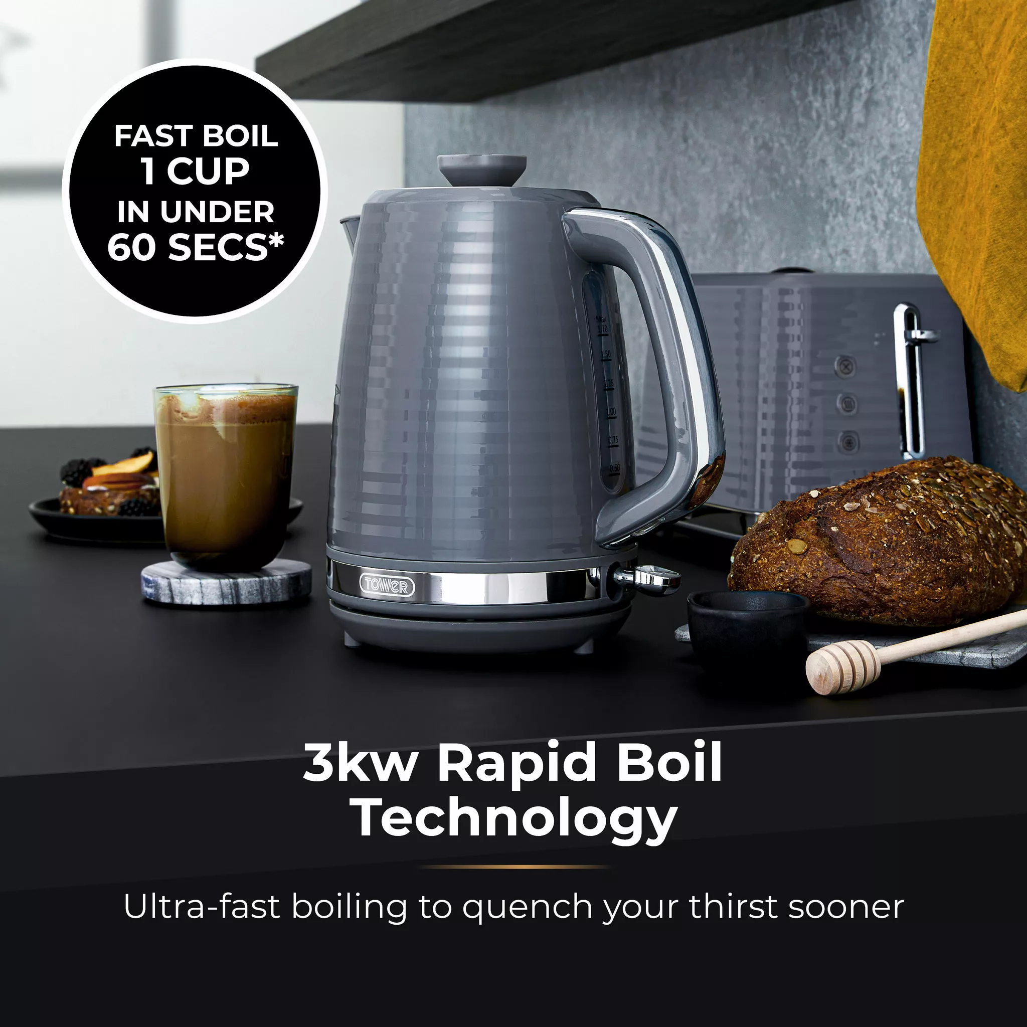 Tower T10077GRY Saturn Kettle with Quick Boil - 1.7L - 3000W - Grey and Chrome Accents - Image 5