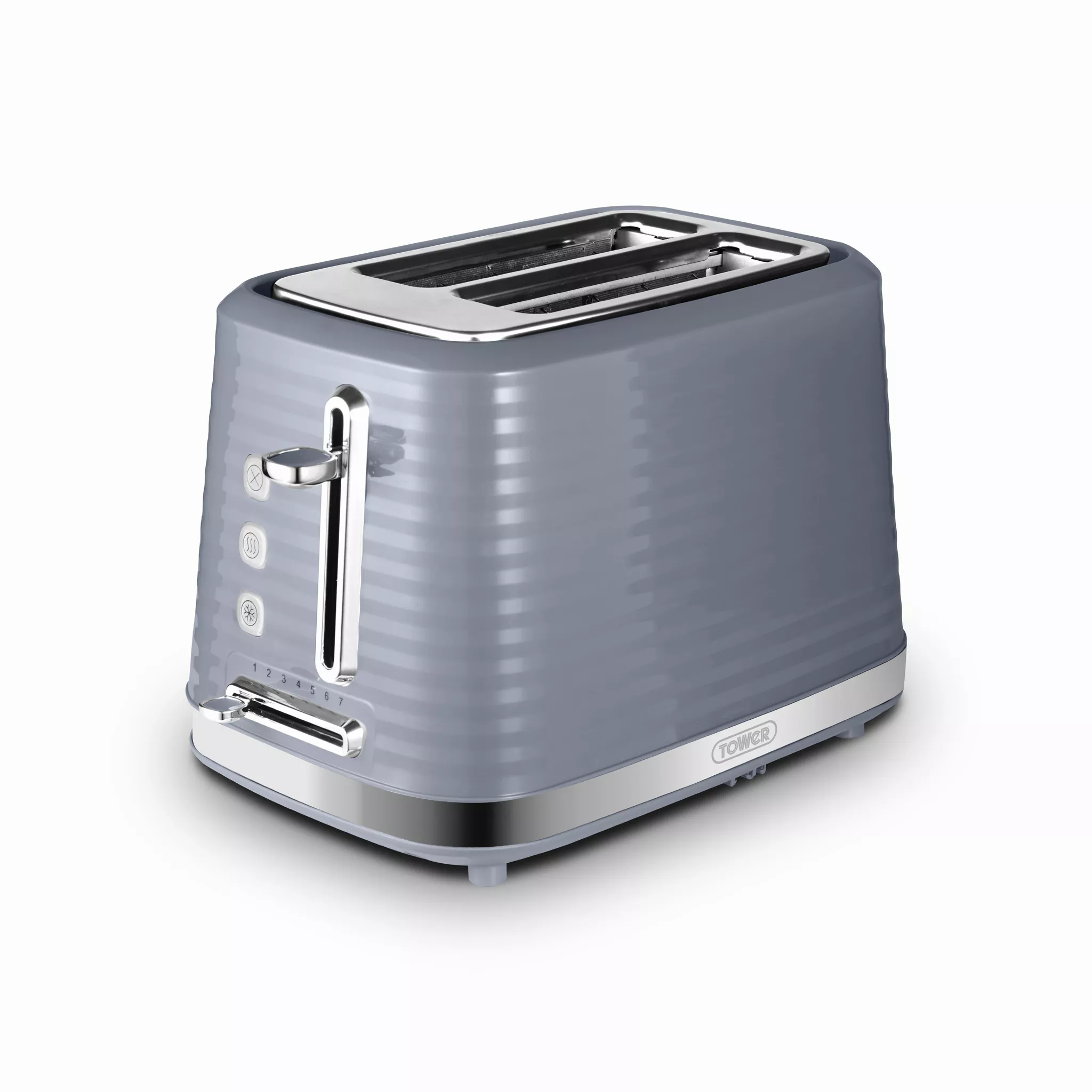 Tower T20083GRY Saturn 2-Slice Toaster with 7 Browning Levels - Defrost/Reheat/Cancel - Grey and Chrome Accents