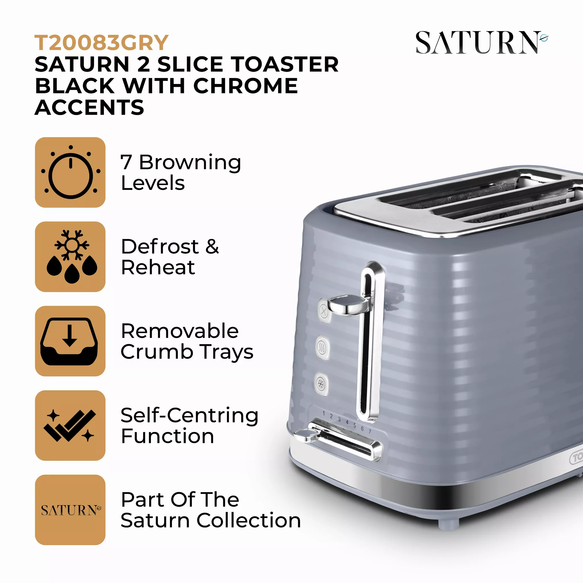 Tower T20083GRY Saturn 2-Slice Toaster with 7 Browning Levels - Defrost/Reheat/Cancel - Grey and Chrome Accents - Image 2