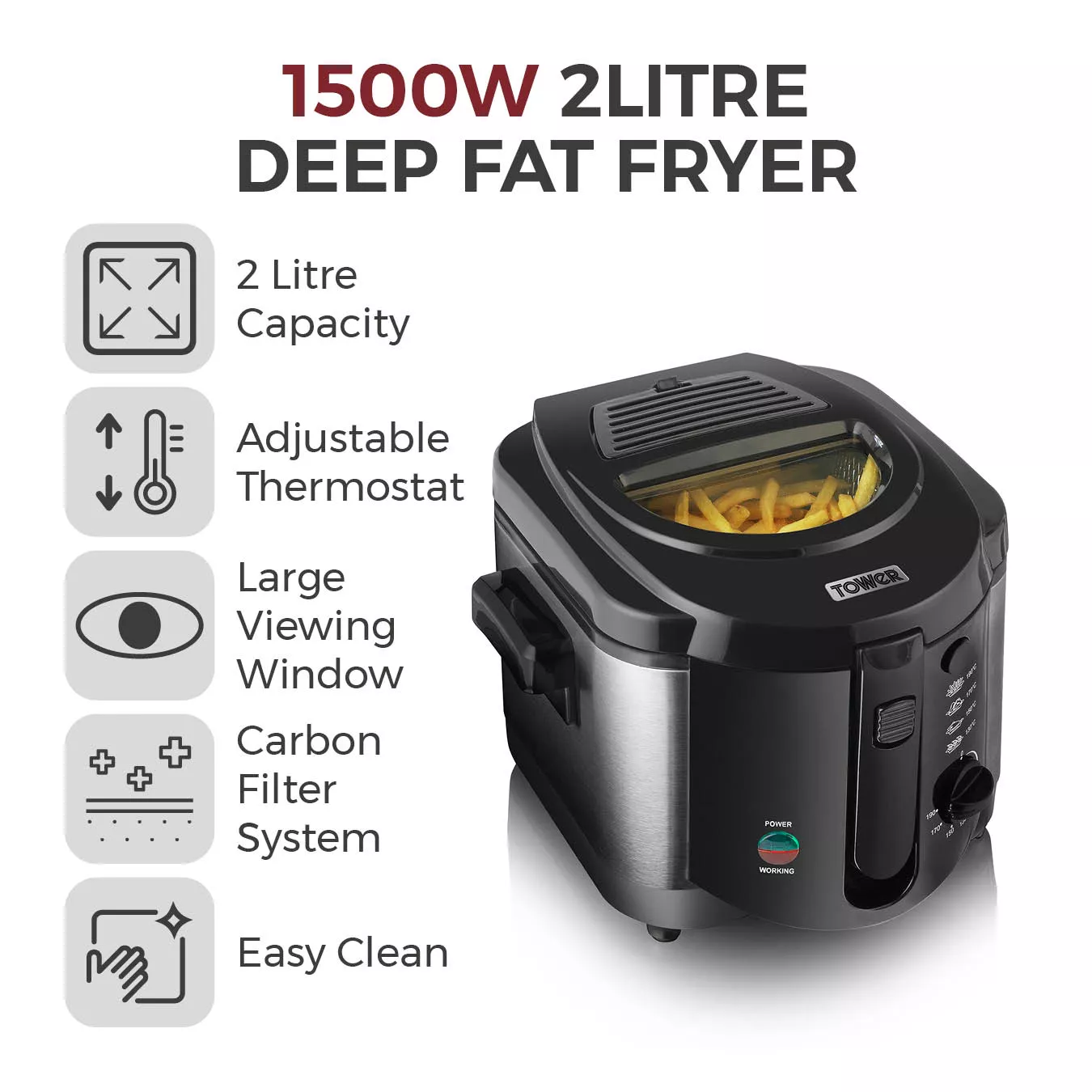 Tower T17001 Deep Fat Fryer with Adjustable Thermostat - 2L - 1500W - Black - Image 4