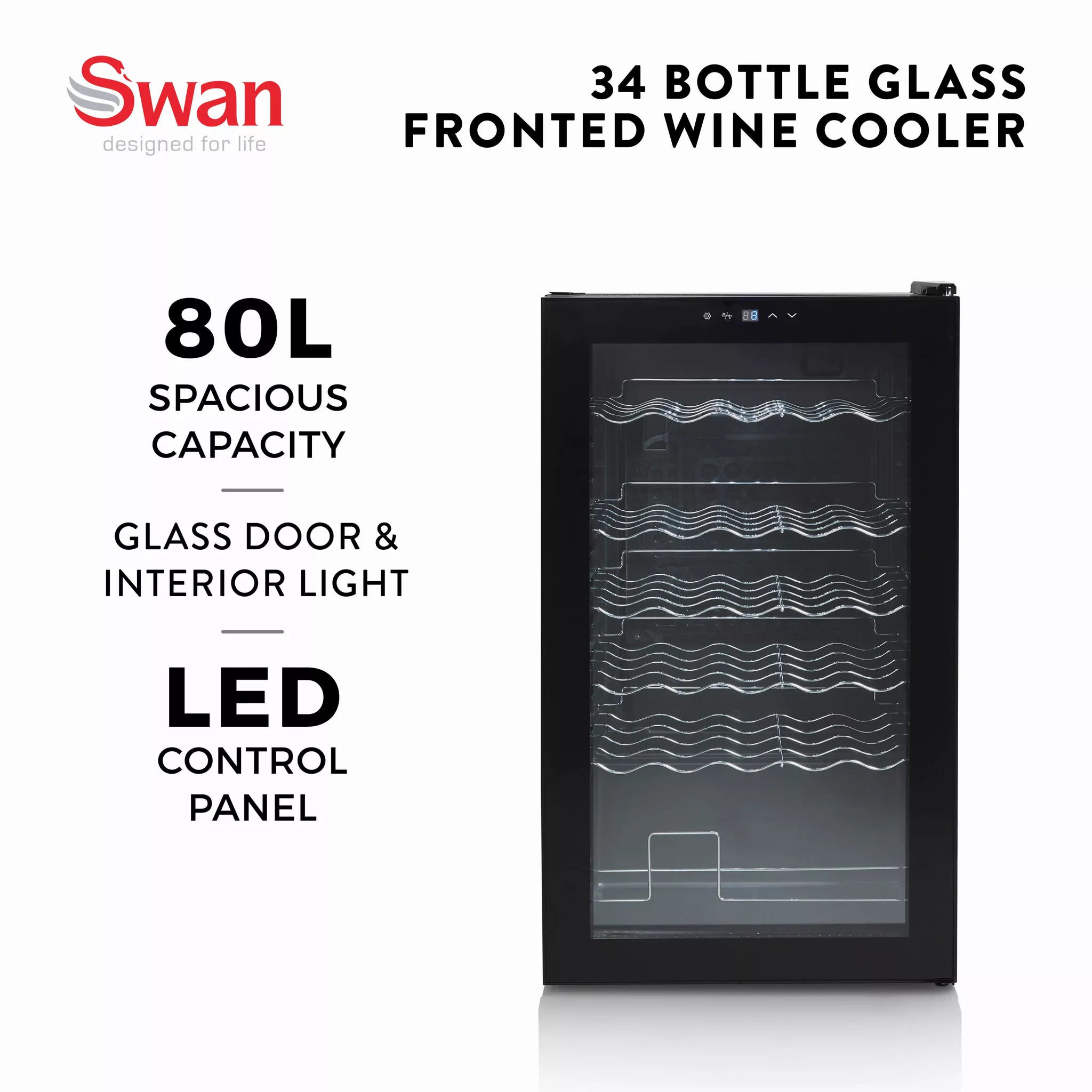 Swan SR12040BN 34 Bottle Glass Fronted Wine Cooler - LED Display - 80L Capacity - Black - Image 5