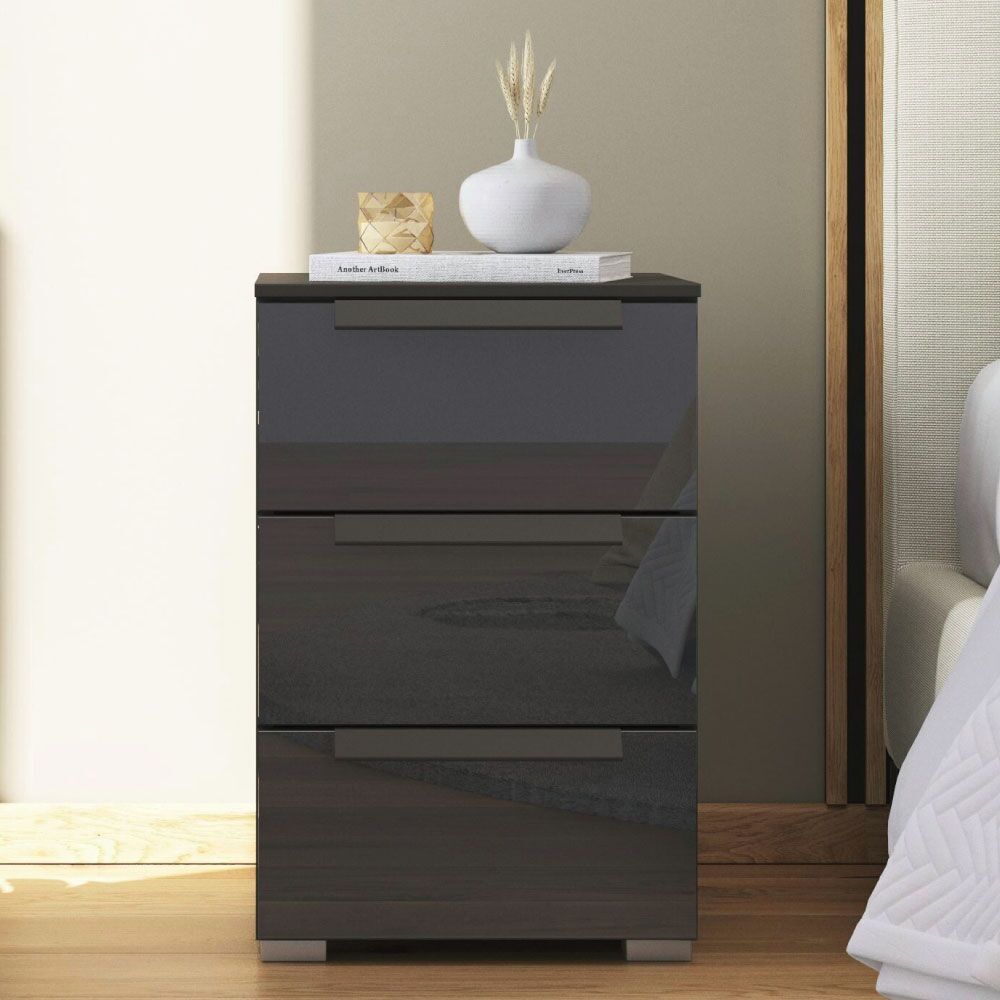 Rauch Aldono Deluxe 3 Drawer Bedside Table - Graphite With Basalt Glass Front And Graphite Handles