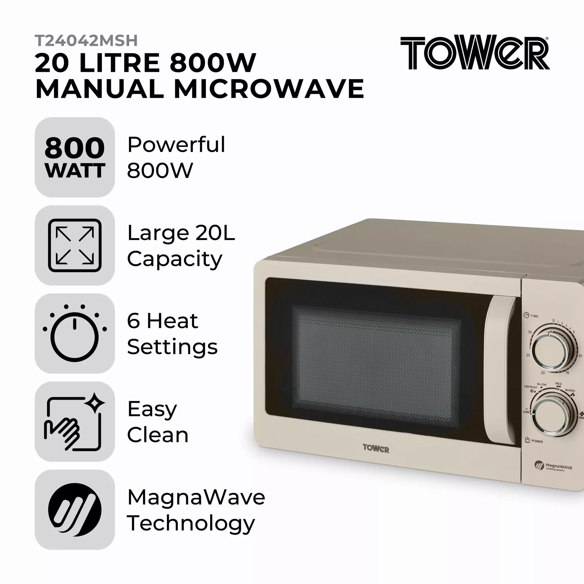 Tower T24042MSH 20L 800W Manual Microwave- Latte - Image 3