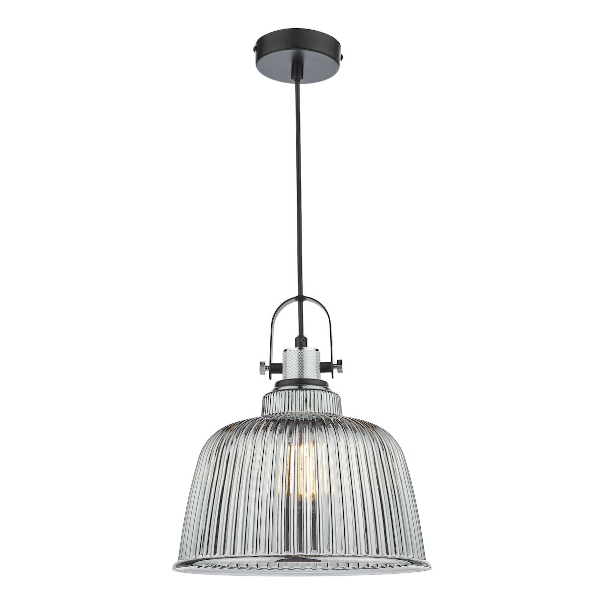 Rhode Single Large Pendant Polished Chrome Smoked Glass<br>Smoked Ribbed Glass